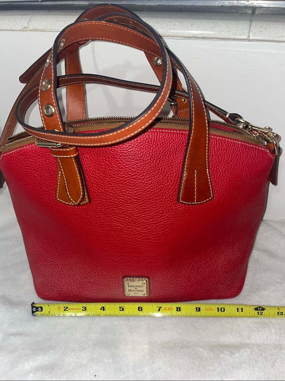 Dooney & Bourke Red Pebbled Leather Satchel with Tan Trim